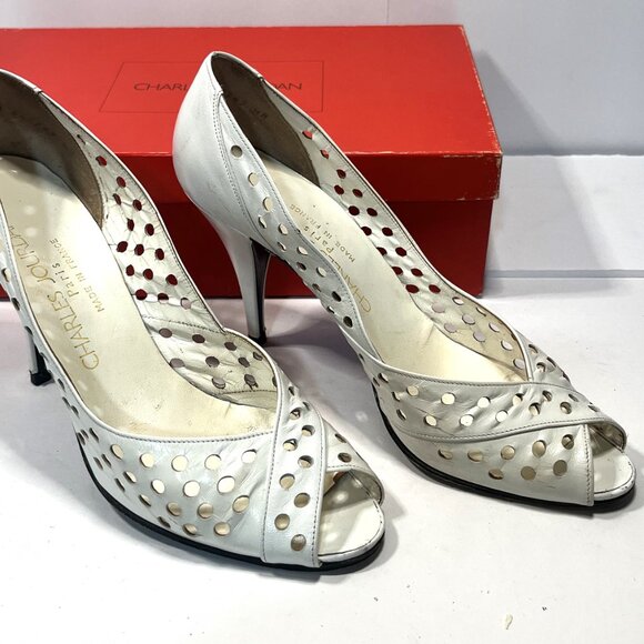 CHARLES JOURDAN PARIS White Perforated Leather Open Toe Women's Heels 7-1/2 - Picture 3 of 11
